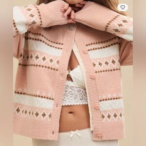 Aerie unREAL Fair Isle Button-Front Cardigan - Pink/Cream - Large